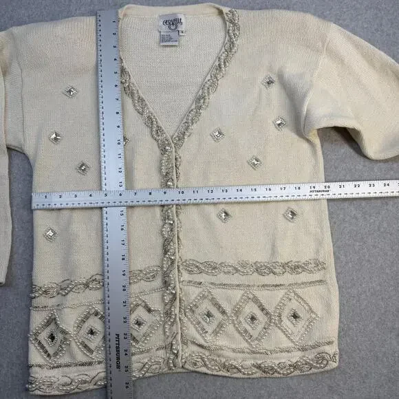 Cervelle Women's Sweater Cream S Ramie Cotton Beaded Embellished Rhinestones - Picture 7 of 11